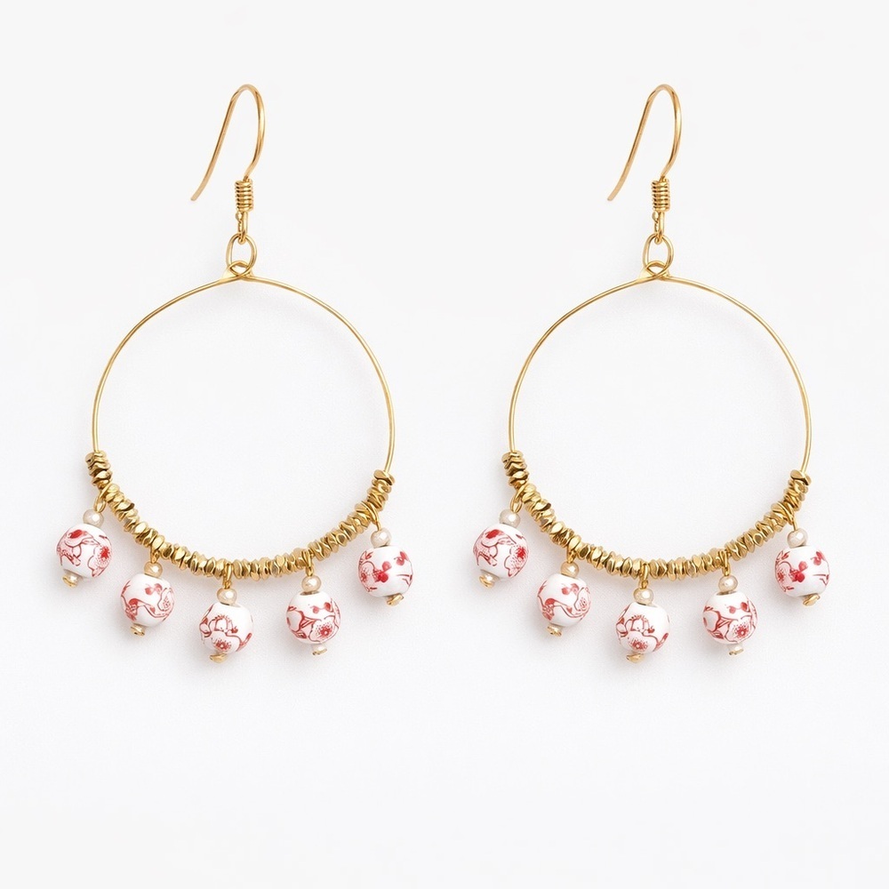 ⚜️ Gold and Red Beaded Hoop Earrings